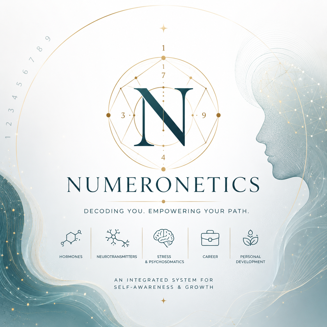 NUMERONETICS brand poster with symbolic map, profile, and personal growth icons