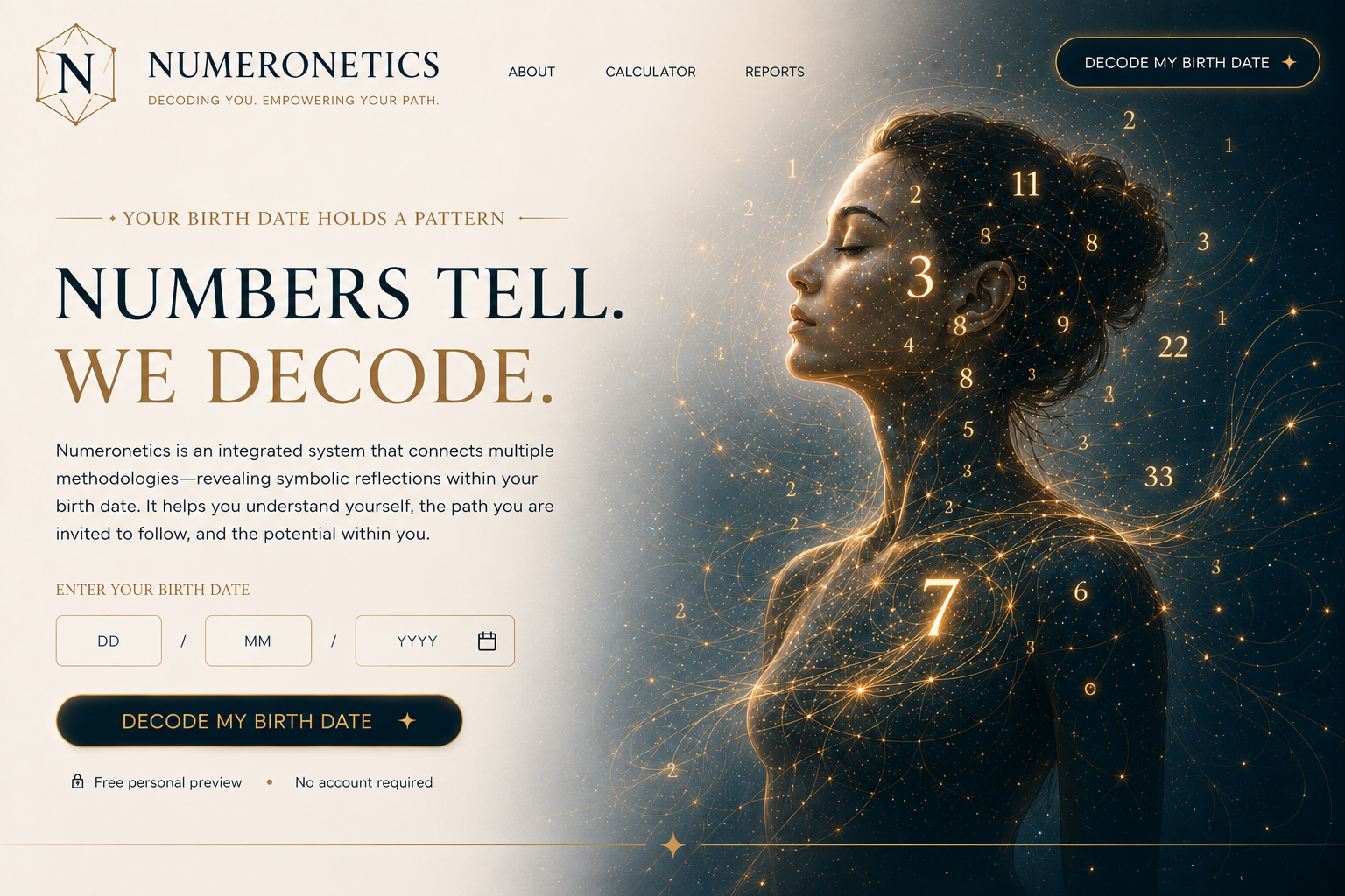 Numbers tell. We decode. Enter your birth date to explore your Numeronetics pattern.